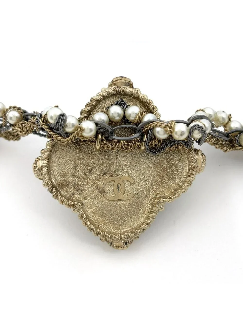 Chanel Necklace CC Logo Faux Pearl Rhinestone Gold